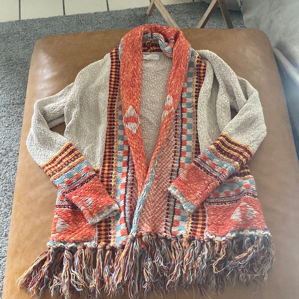 Love Stitch sweater, multicolored, native design, orange blue yellow red, small